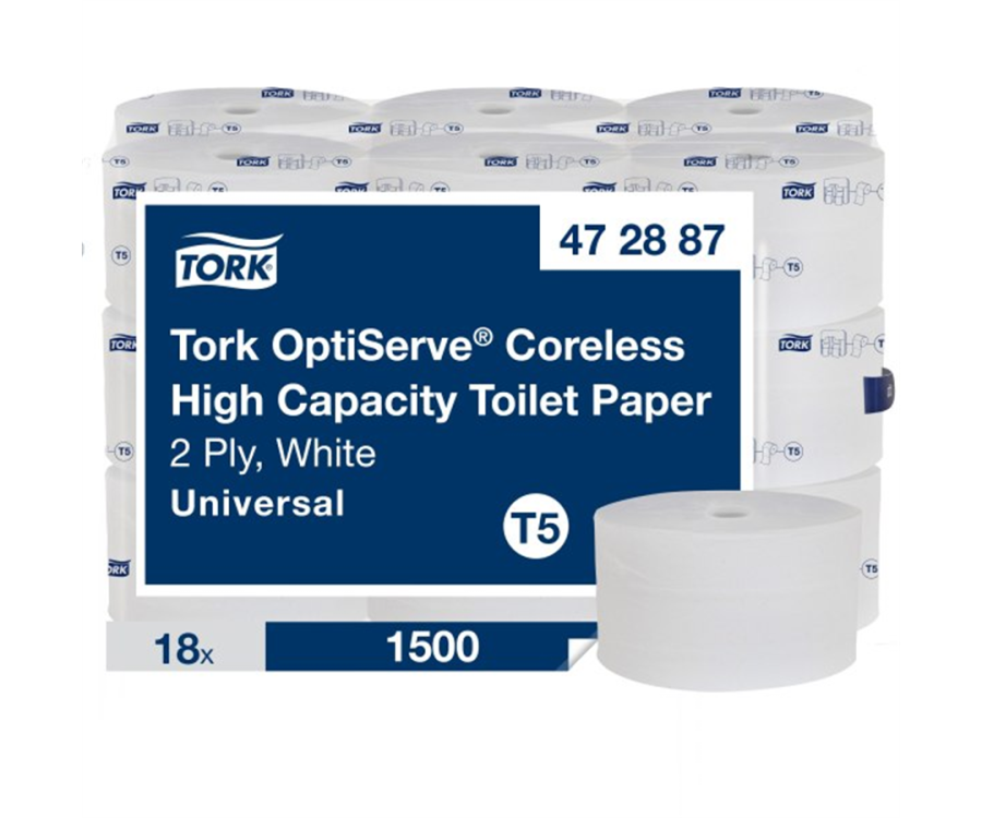 A bulk pack of white coreless toilet paper rolls stacked together with one roll placed in front. Tork T5 White OptiServe® High Capacity Coreless Toilet Paper (3.7 in. x 500 ft., 1500 Sheets/Roll, 18 Rolls/Case)